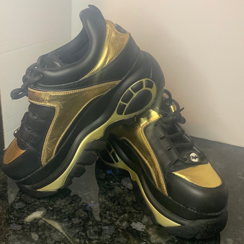 BUFFALO LONDON Black & Gold Platform Trainers/sneakers sz US 10/EU 41 - Picture 4 of 15